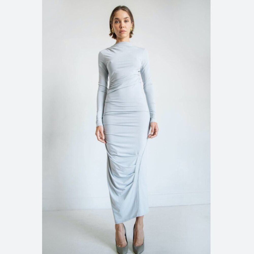 The Line by K Asher Dress Silver Grey Long Sleeve Midi Maxi Dress Bodycon Small